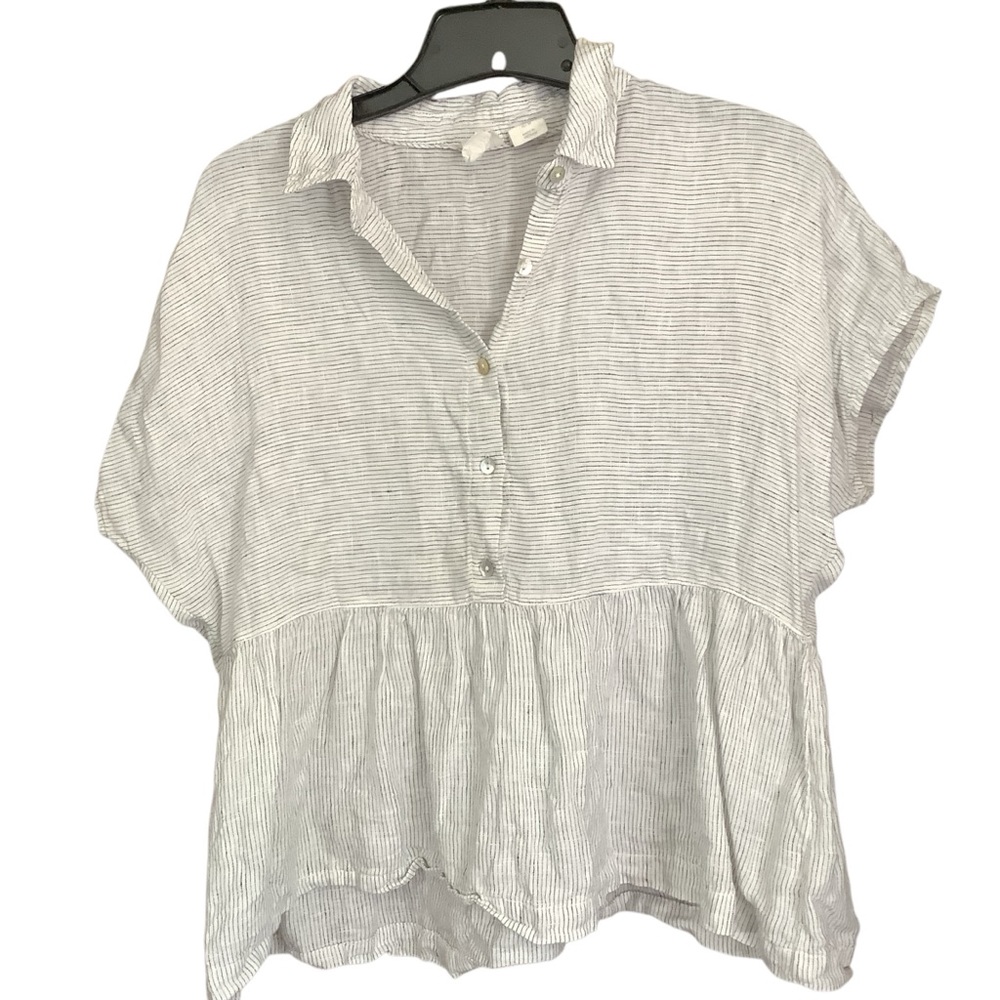 C&C California 100% Linen Half Button Micro Stripe Peplum Top